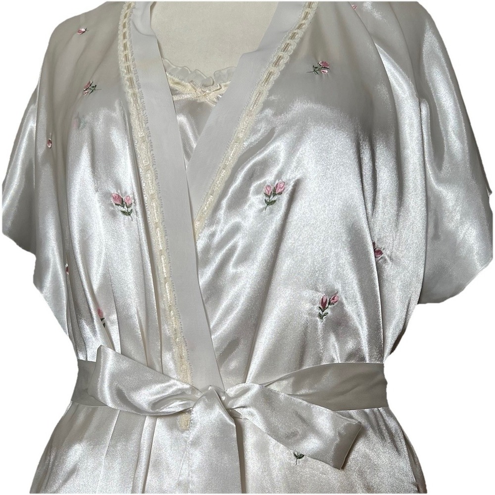 Vtg Bridal Peignoir Set White Satin Robe Gown L/XL Embroidered Rosette Chiffon